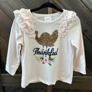 Girls' Thankful Turkey Ruffle Shoulder Long Sleeve Top